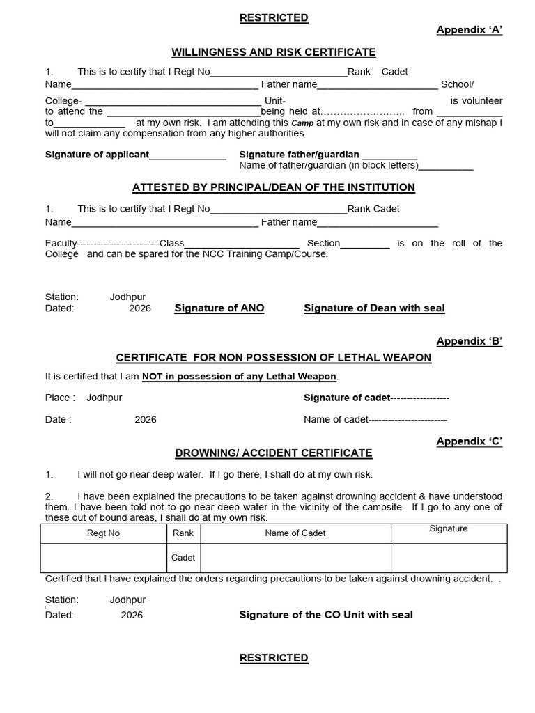 NCC Training Camp Risk Certificates | PDF | Immunology | Health Sciences