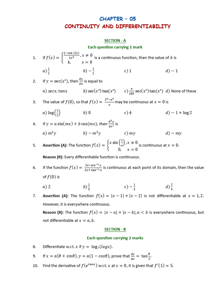 Continuity and Differentiability Questions | PDF | Function ...