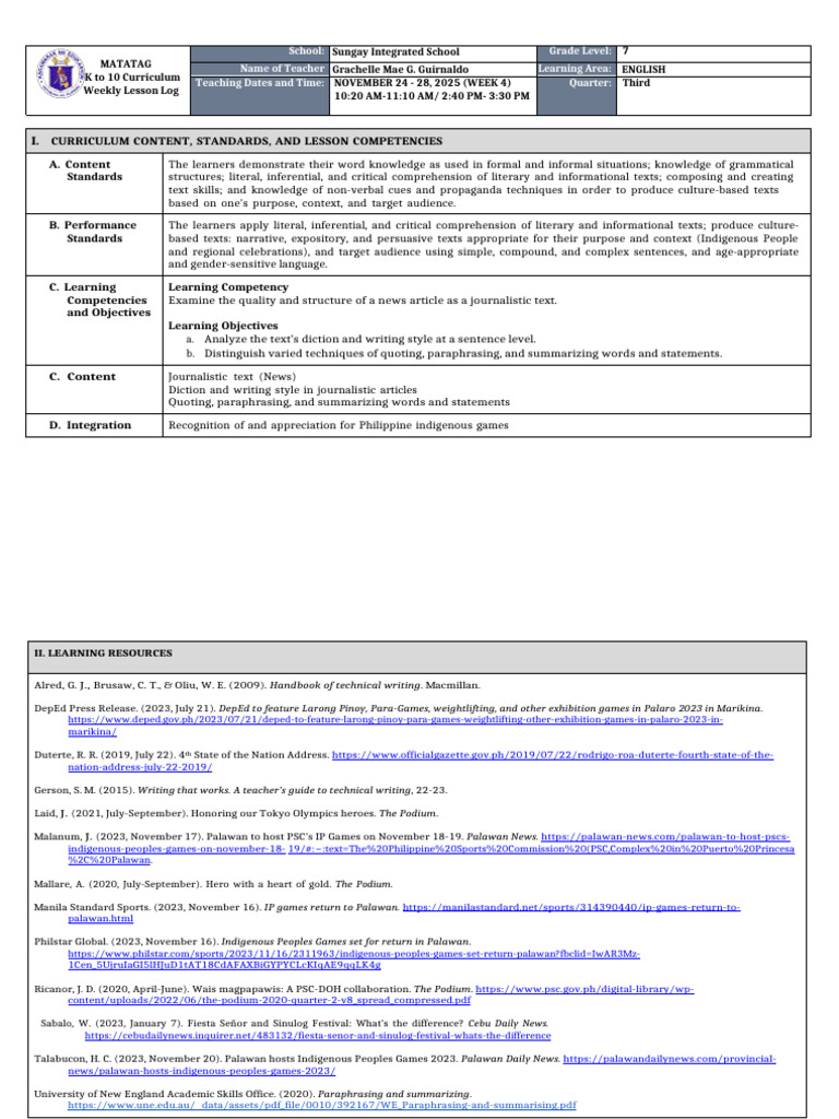 Grade 7 English Weekly Lesson Plan | PDF | Human Communication