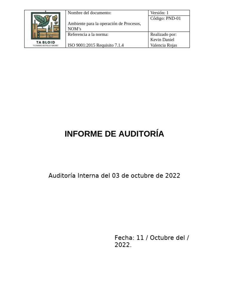 Informe de Auditoría Interna ISO 9001:2015 | PDF | Auditoría