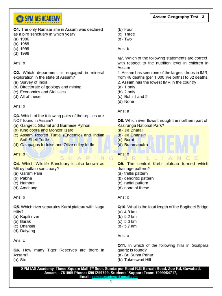 Assam Geography Test Questions | PDF