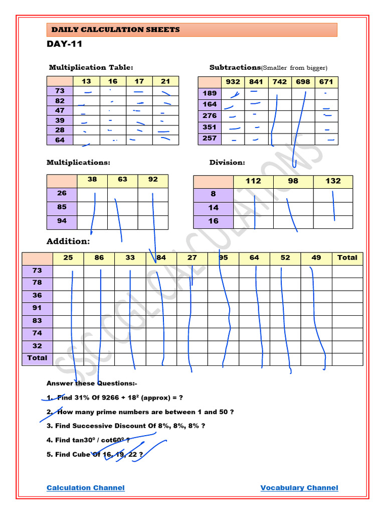 Day 11 Calculation Sheet | PDF | Arithmetic | Elementary Mathematics