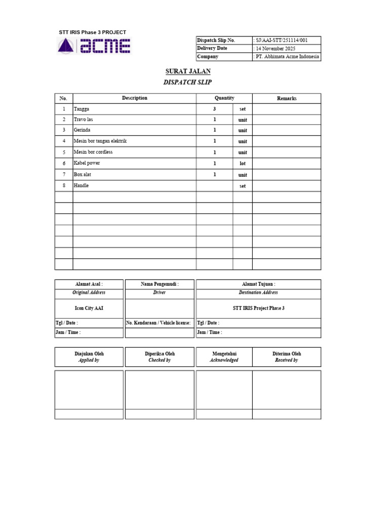 Dispatch Slip for STT IRIS Project | PDF