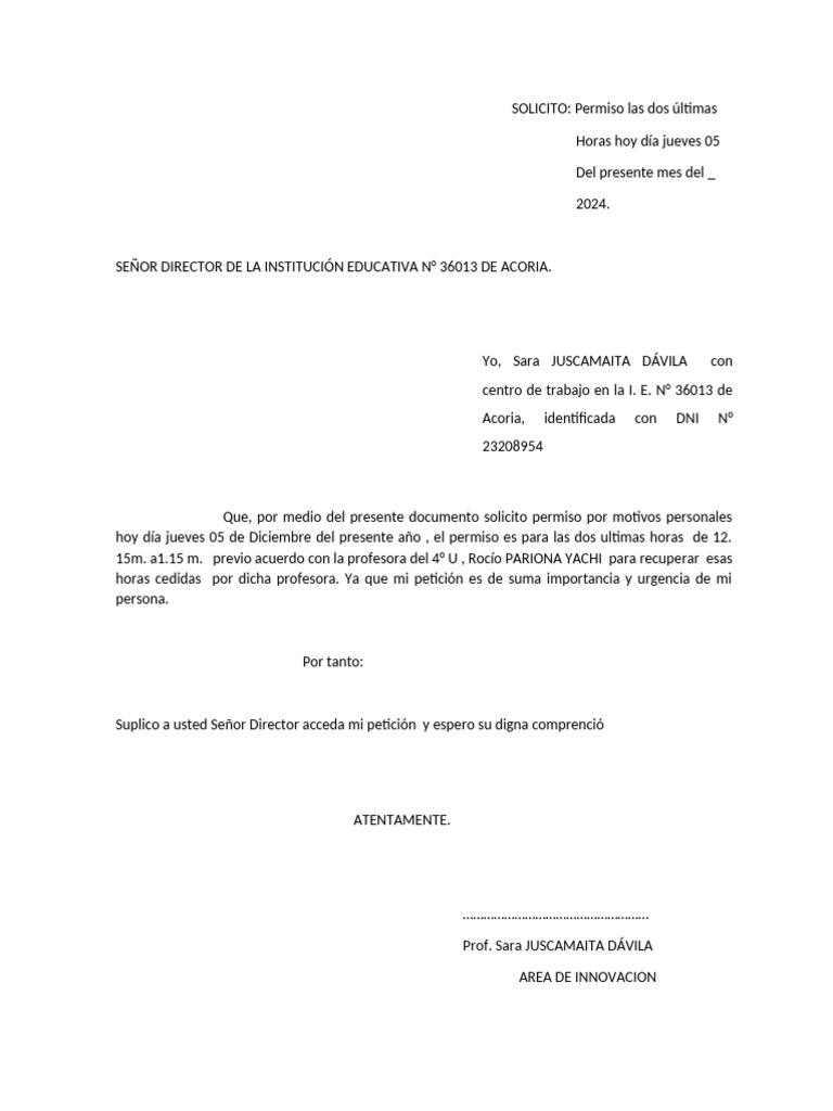 SOLICITO POR MOTIVOS Personales 05 de Diciembre 2024 | PDF