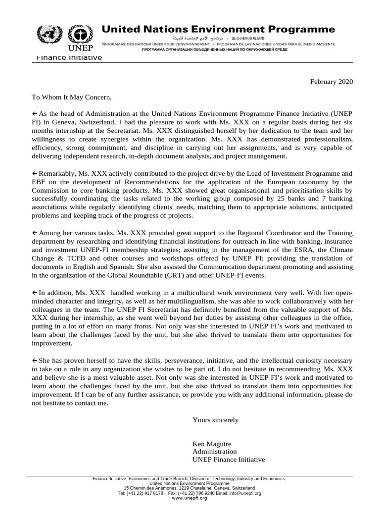 UNEP FI Internship Recommendation Letter | PDF | Business | Economies
