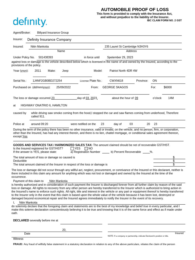 Automobile Proof of Loss Form (18-Dec-2022)- | PDF | Insurance ...