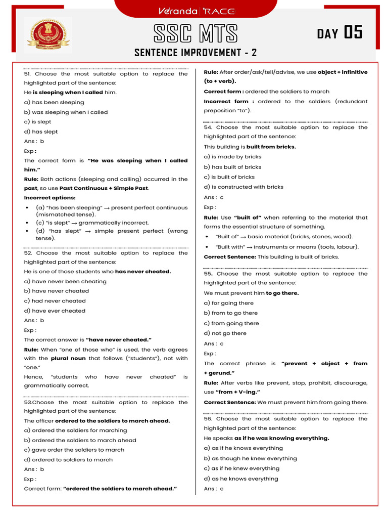 Sentence Improvement Exercises | PDF | Verb | Plural