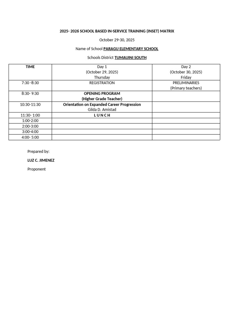 2025-2026 INSET Training Schedule | PDF
