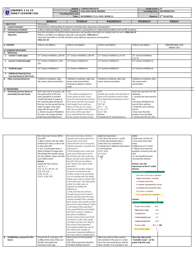 Grade 6 Math Daily Lesson Plan | PDF | Numbers | Equations