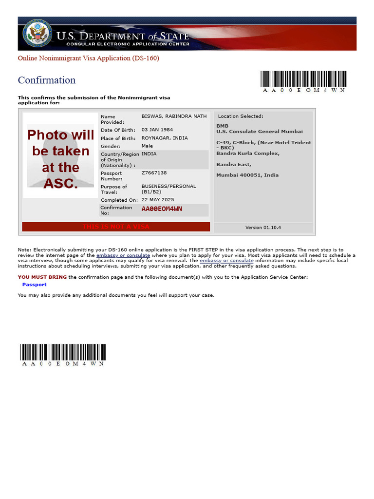 Nonimmigrant Visa Application Confirmation | PDF | Travel Visa ...