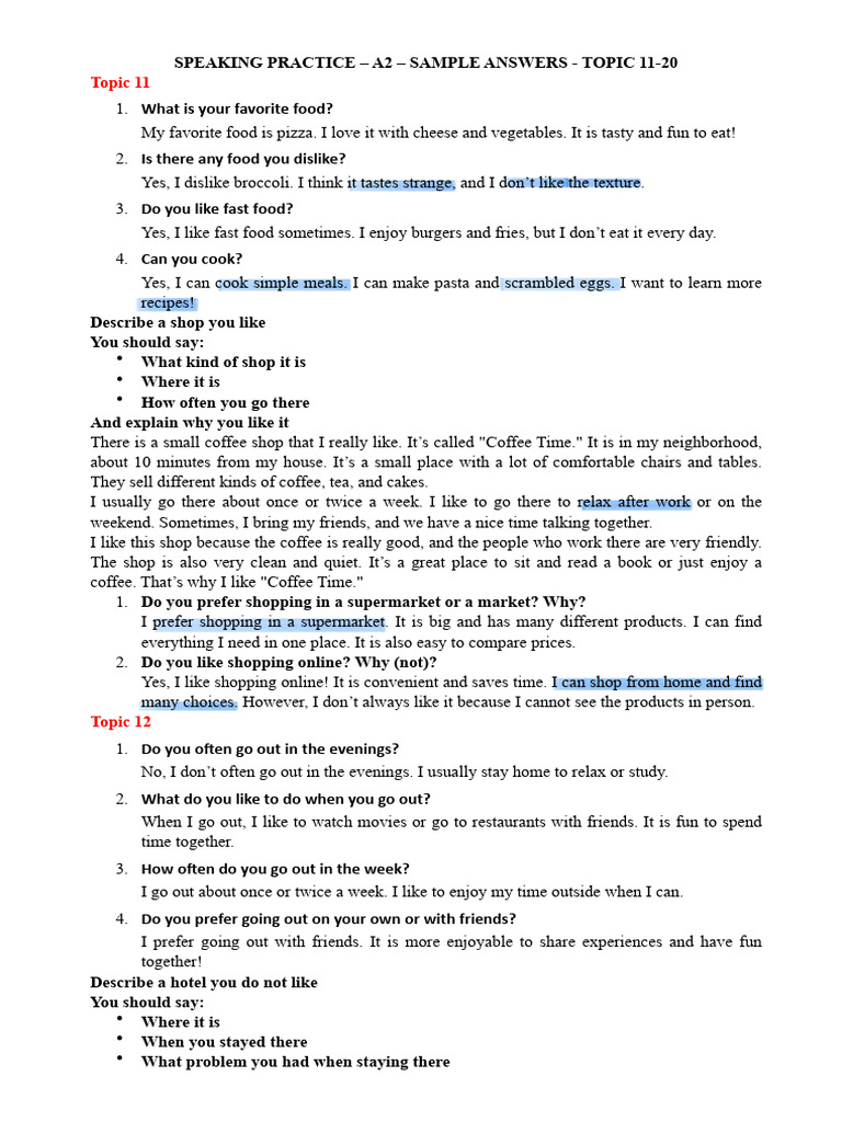 A2 Speaking Practice: Sample Answers 11-20 | PDF | Serena Williams