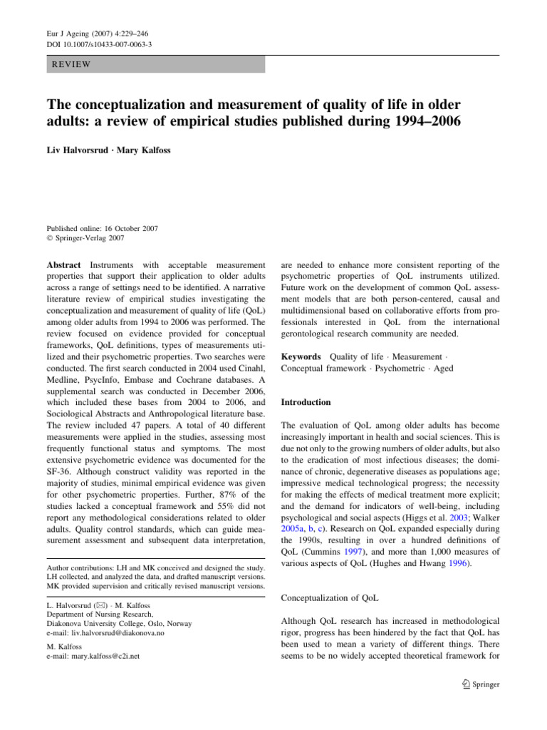 Quality of Life Measurement in Older Adults | PDF | Validity ...