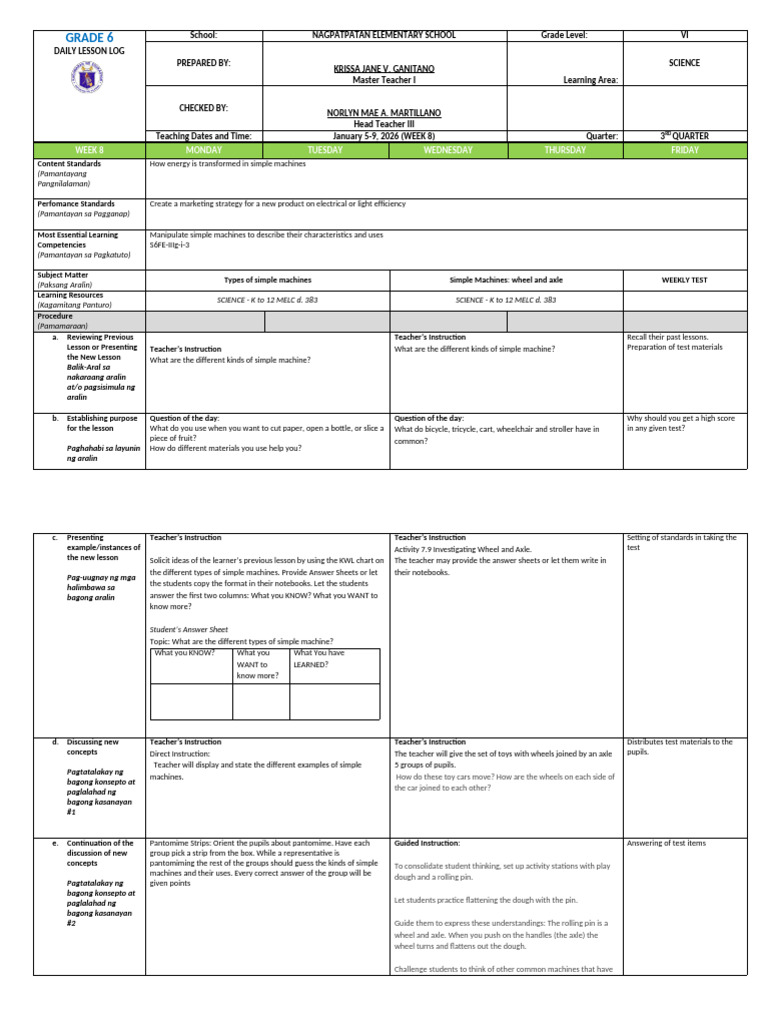 Dll Science6 Week 8_q3 by Teacher Kj | PDF | Learning | Behavior ...