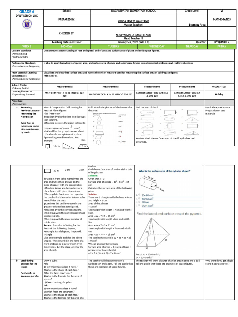 Grade 6 Math Lesson on Area & Surface Area | PDF | Area | Length