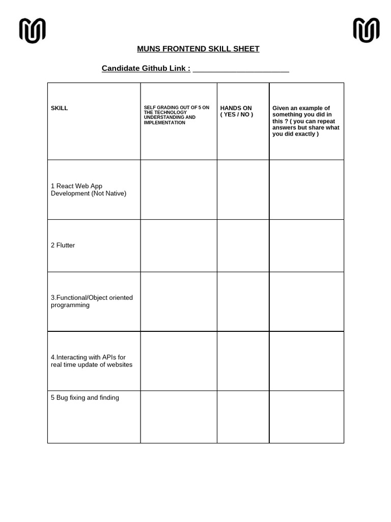 Muns- Skill Sheet Frontend | PDF