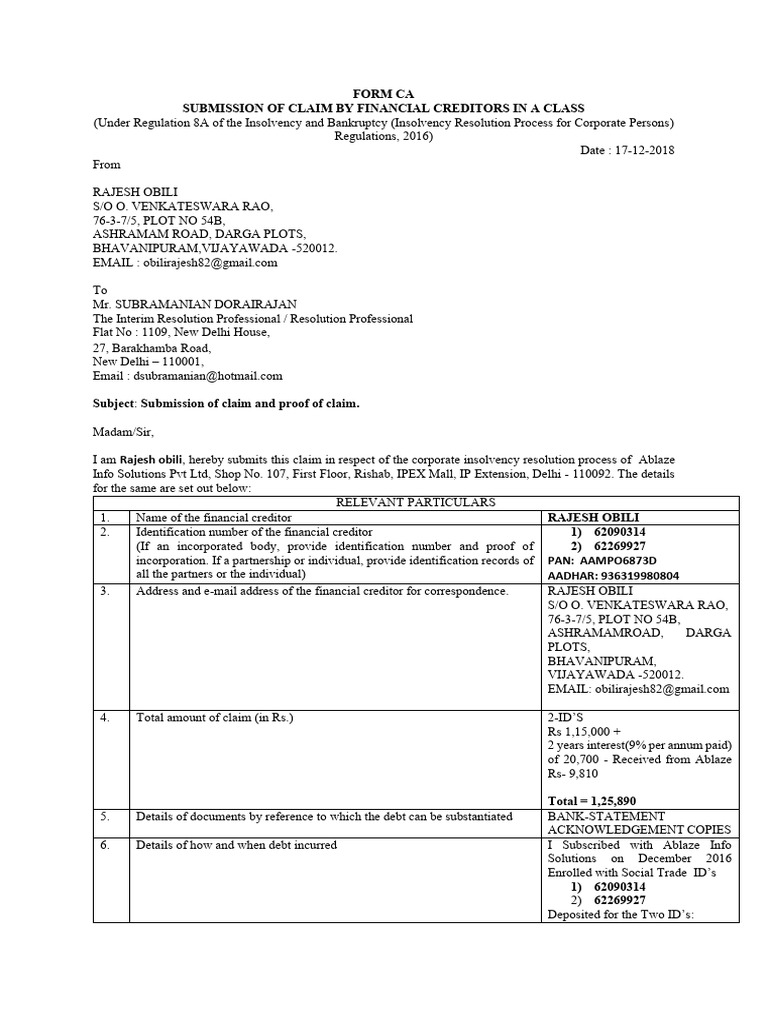 Claim Submission for Insolvency Process | PDF | Debt | Business Law