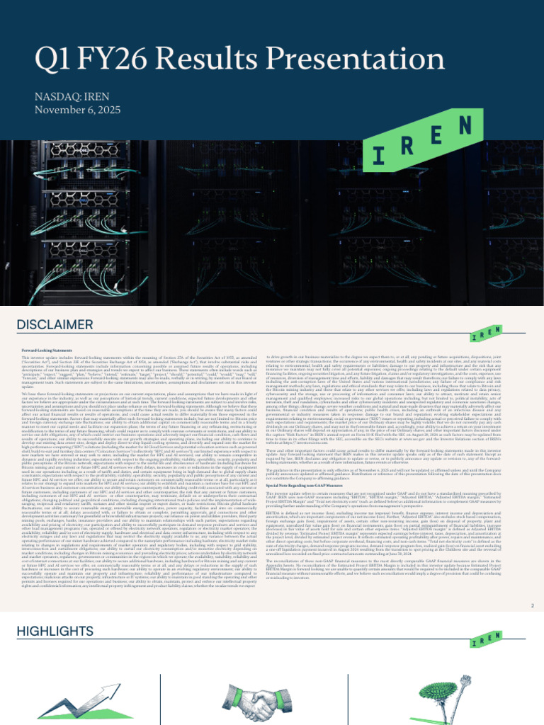 IREN Q1 FY26 Financial Results Overview | PDF | Expense | Depreciation