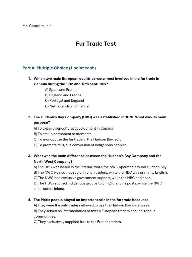 Fur Trade Test (1) | PDF | Fur Trade | British Colonization Of The Americas