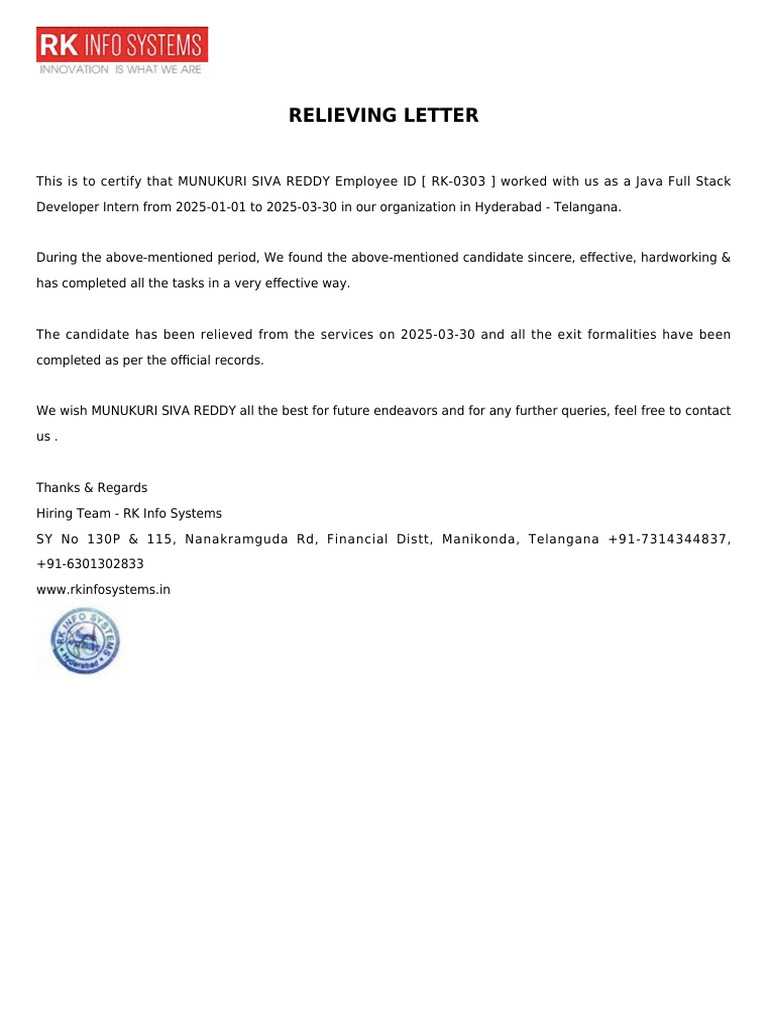 Munukuri Siva Reddy-relieving Letter | PDF