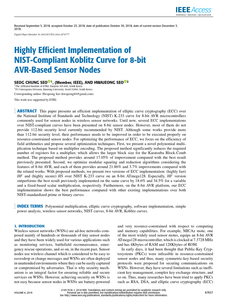Highly Efficient Implementation of NIST-Compliant Koblitz Curve for 8 ...