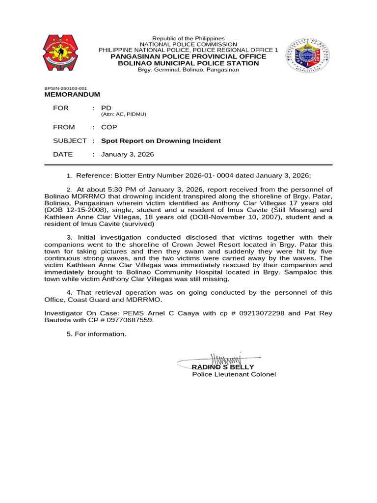 Spot Report on Drowning Incident (3) | PDF