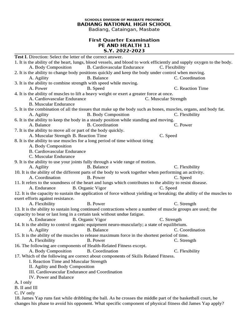 1st Quarter Exam PE | PDF | Flexibility (Anatomy) | Physical Fitness