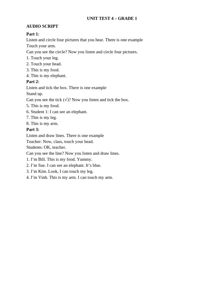 Grade 1 Unit Test Audio Script | PDF