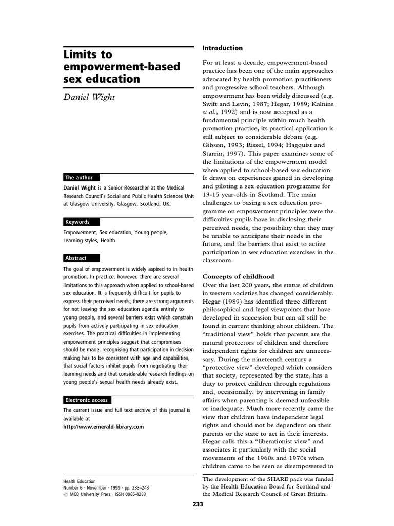 Limits To Empowerment-Based Sex Education: Daniel Wight | PDF | Sex ...