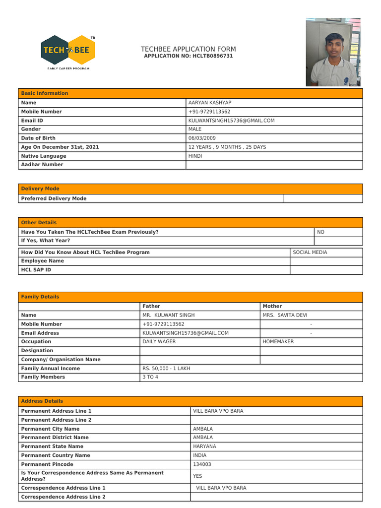 Application Form HCLTB0896731 | PDF