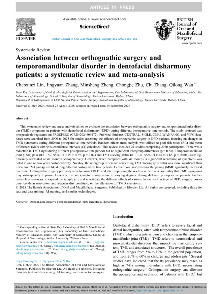 Association Between Orthognathic Surgery and Temporomandibular Disorder ...
