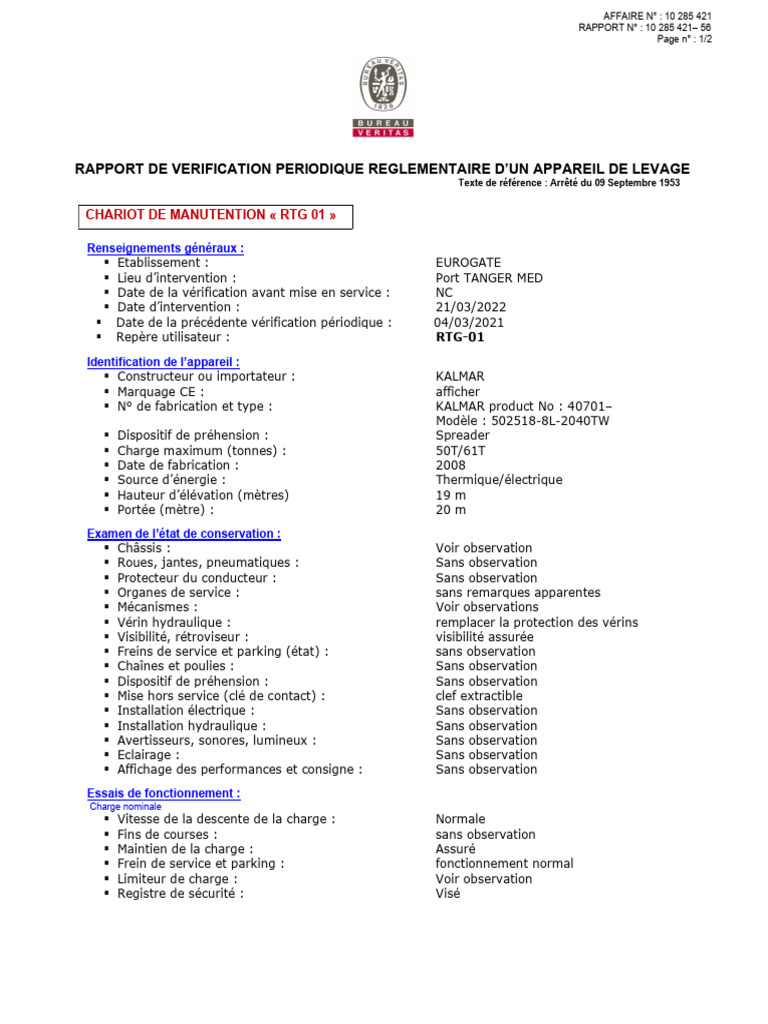 Rapport de Vérification d'un Chariot RTG 01 | PDF | Véhicules