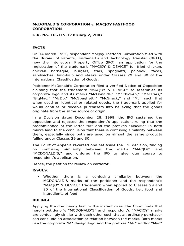 McDonald's vs. MacJoy Trademark Case | PDF | Trademark | Mc Donald's