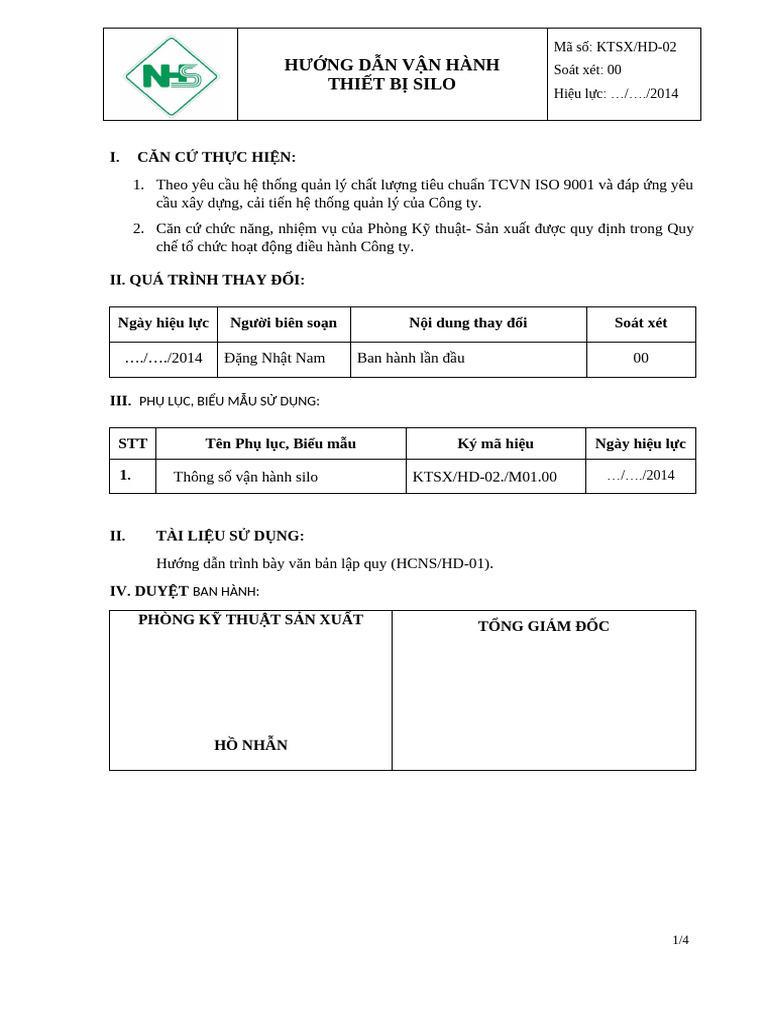 KT-HD.... Huong Dan Van Hanh Thiet Bi Silo - Sua | PDF