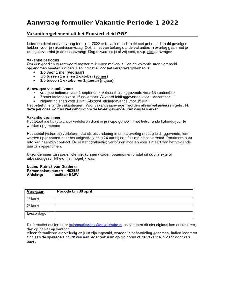 Aanvraag Formulier Vakantie Periode 1 2022 | PDF