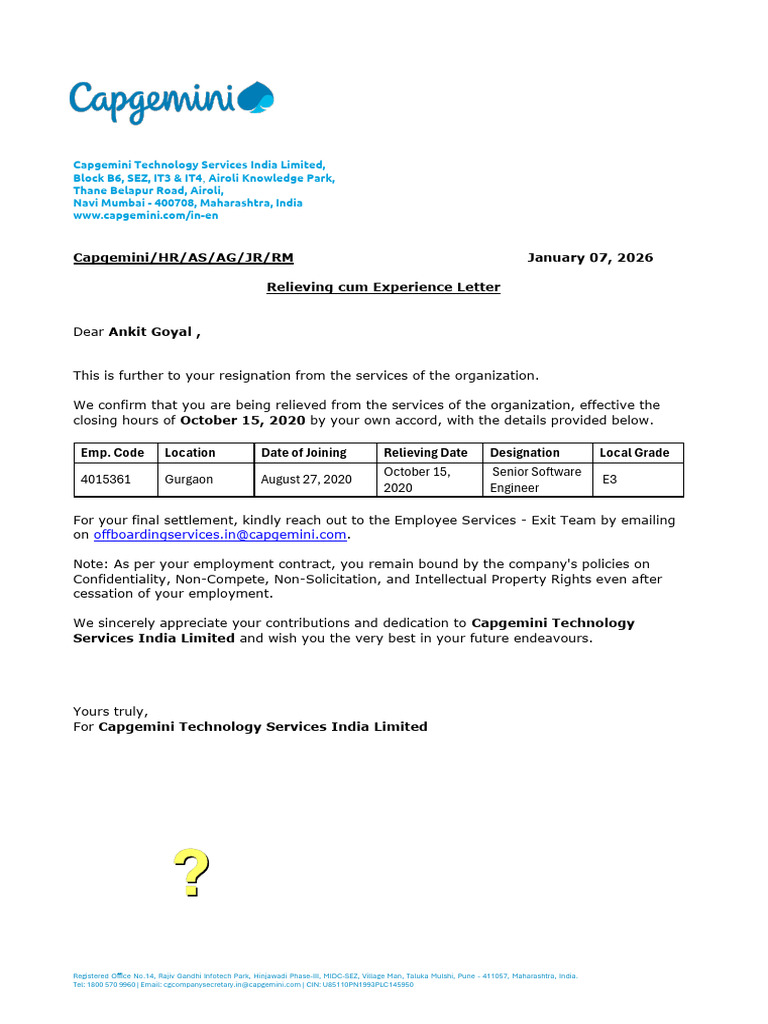 Capgemini Relieving Experience Letter | PDF