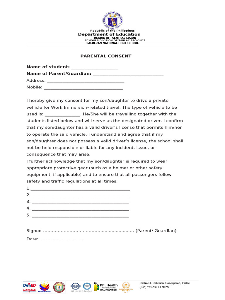 Parental Consent for Student Driving | PDF