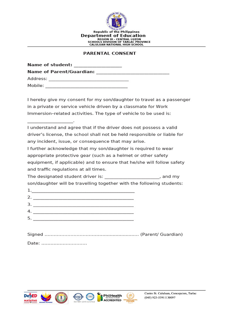 Parental Consent for Student Travel | PDF