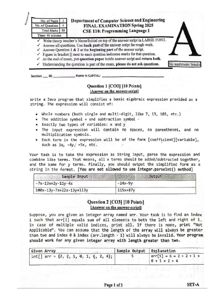 CSE110 Spring 2025 Final Exam | PDF