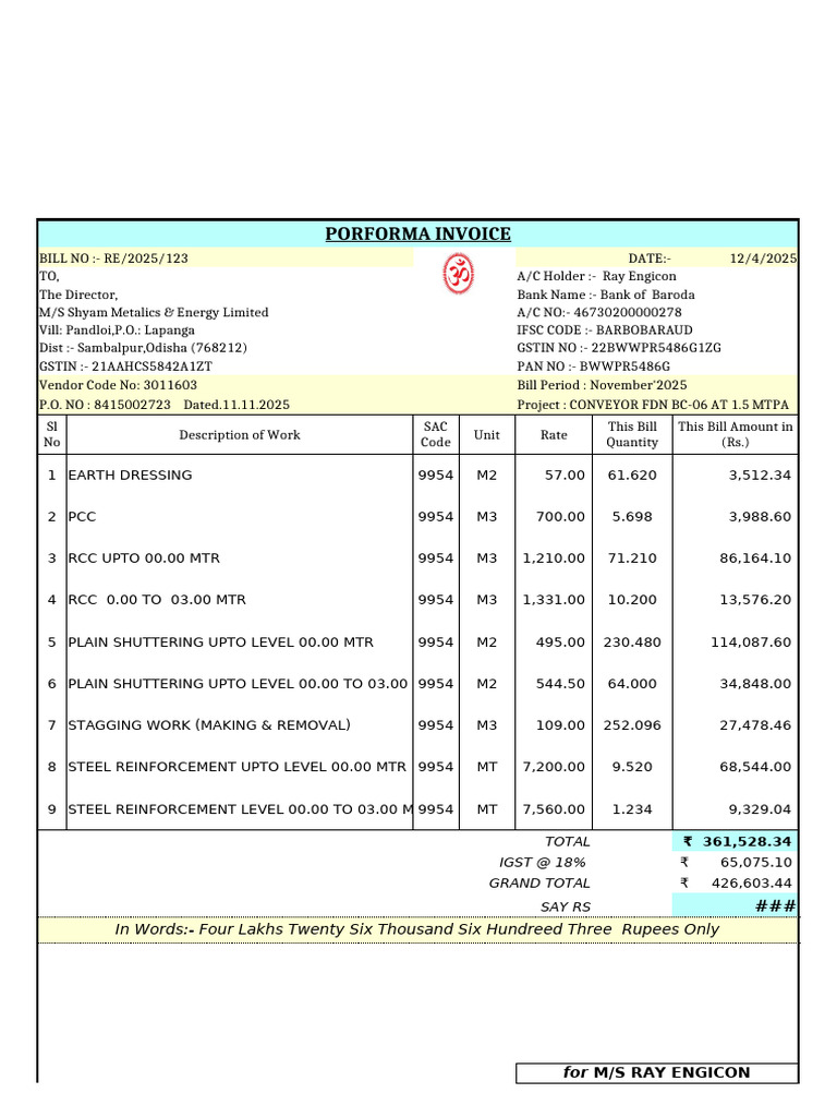 Conveyor Foundation Invoice - November 2025 | PDF | Quantity
