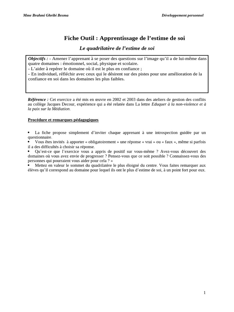 Évaluation de l'estime de soi par quadrilatère | PDF | Estime de soi ...