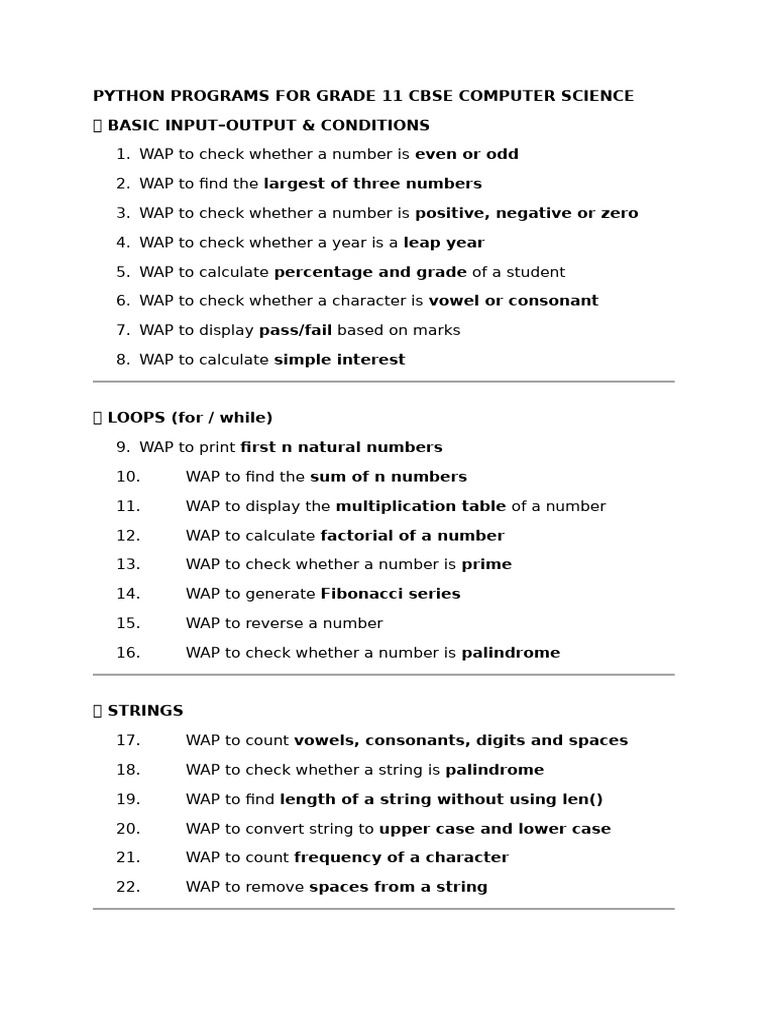 Python Programs for CBSE Grade 11 | PDF | Numbers | String (Computer ...