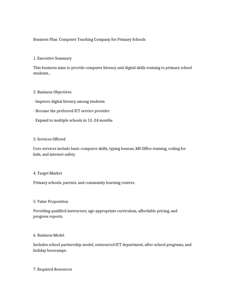 Computer Teaching Business Plan | PDF