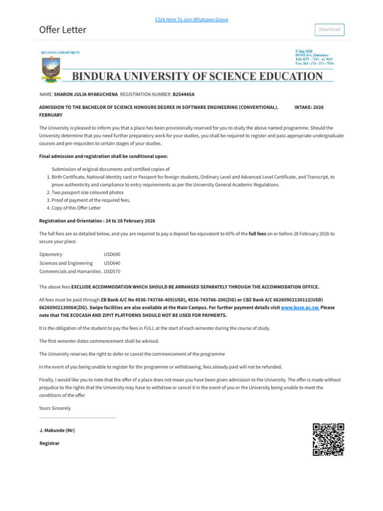 Offer Letter for Software Engineering Admission | PDF | Birth Certificate