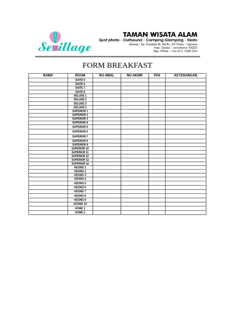 Breakfast Room Allocation Form | PDF