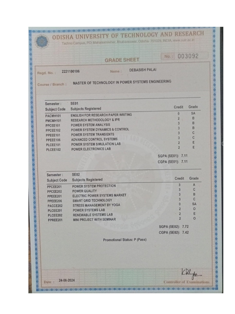 Mtech Provisional Marksheet | PDF