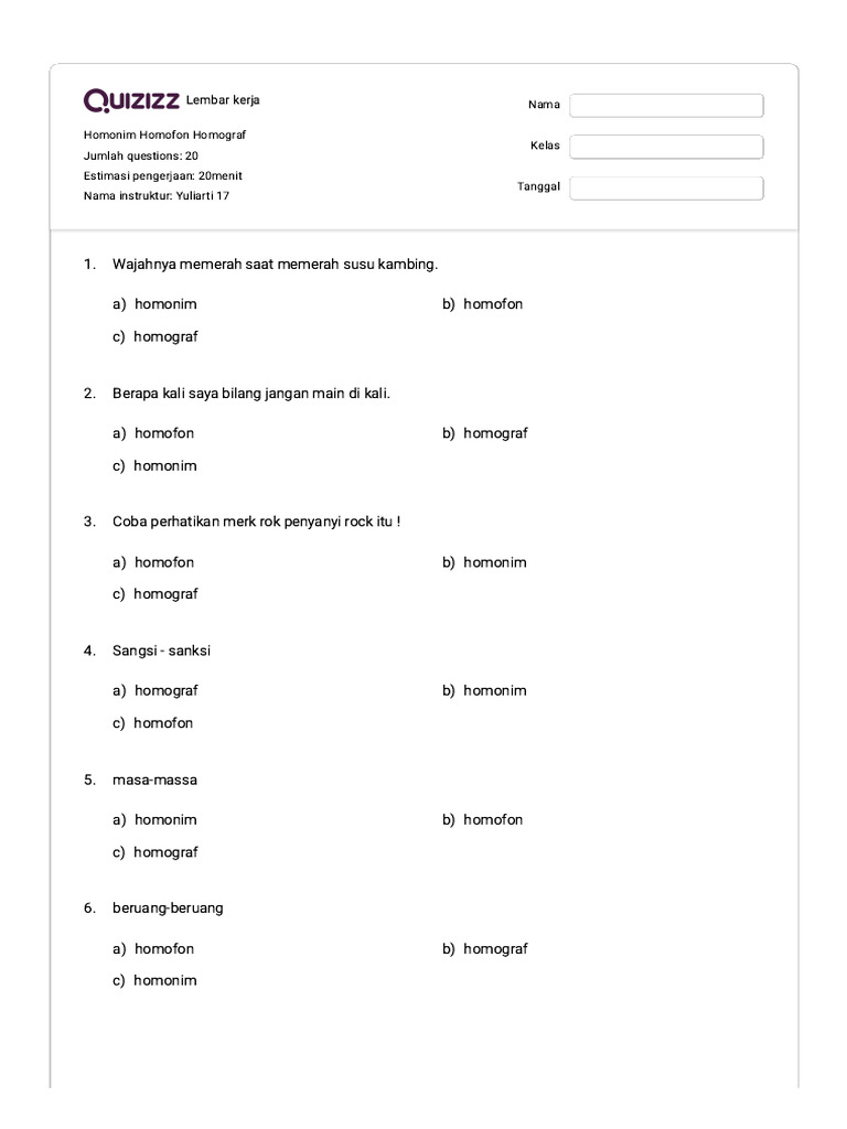 Lembar Kerja Homonim dan Homofon | PDF