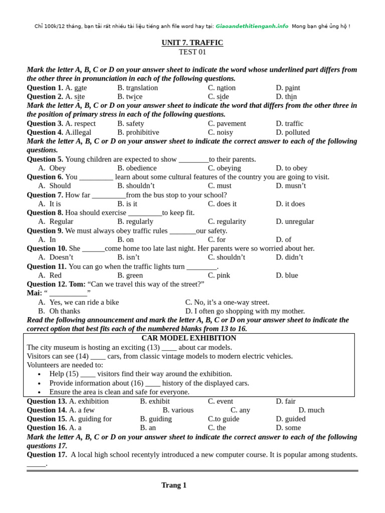 Traffic Rules and English Language Test | PDF | Traffic | Traffic ...