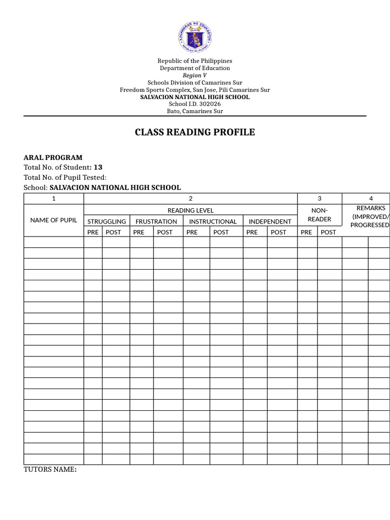 Aral Reading Level Profile | PDF
