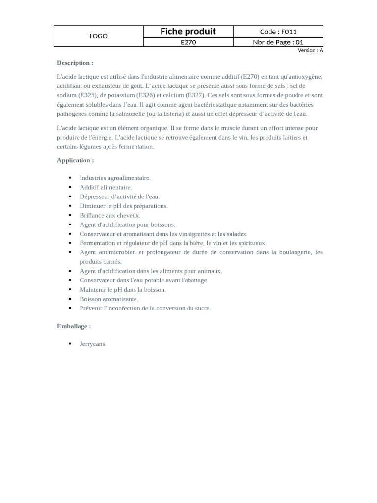 Acide lactique E270 : Additif alimentaire et applications | PDF