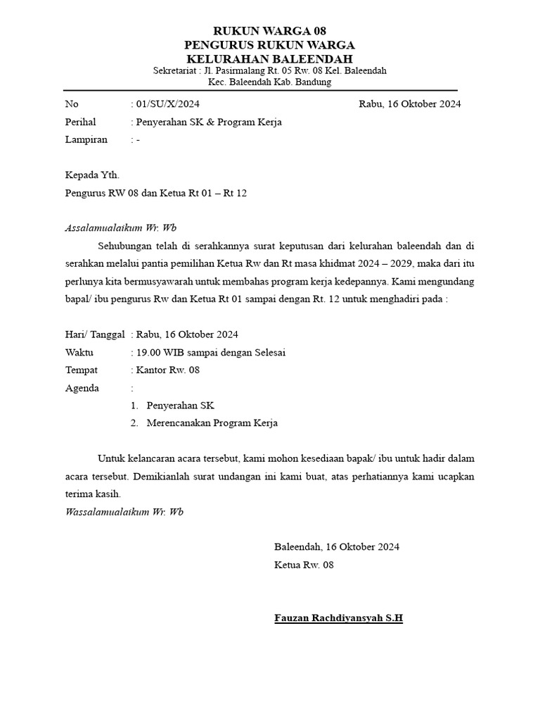 Undangan Musyawarah Program Kerja RW 08 | PDF